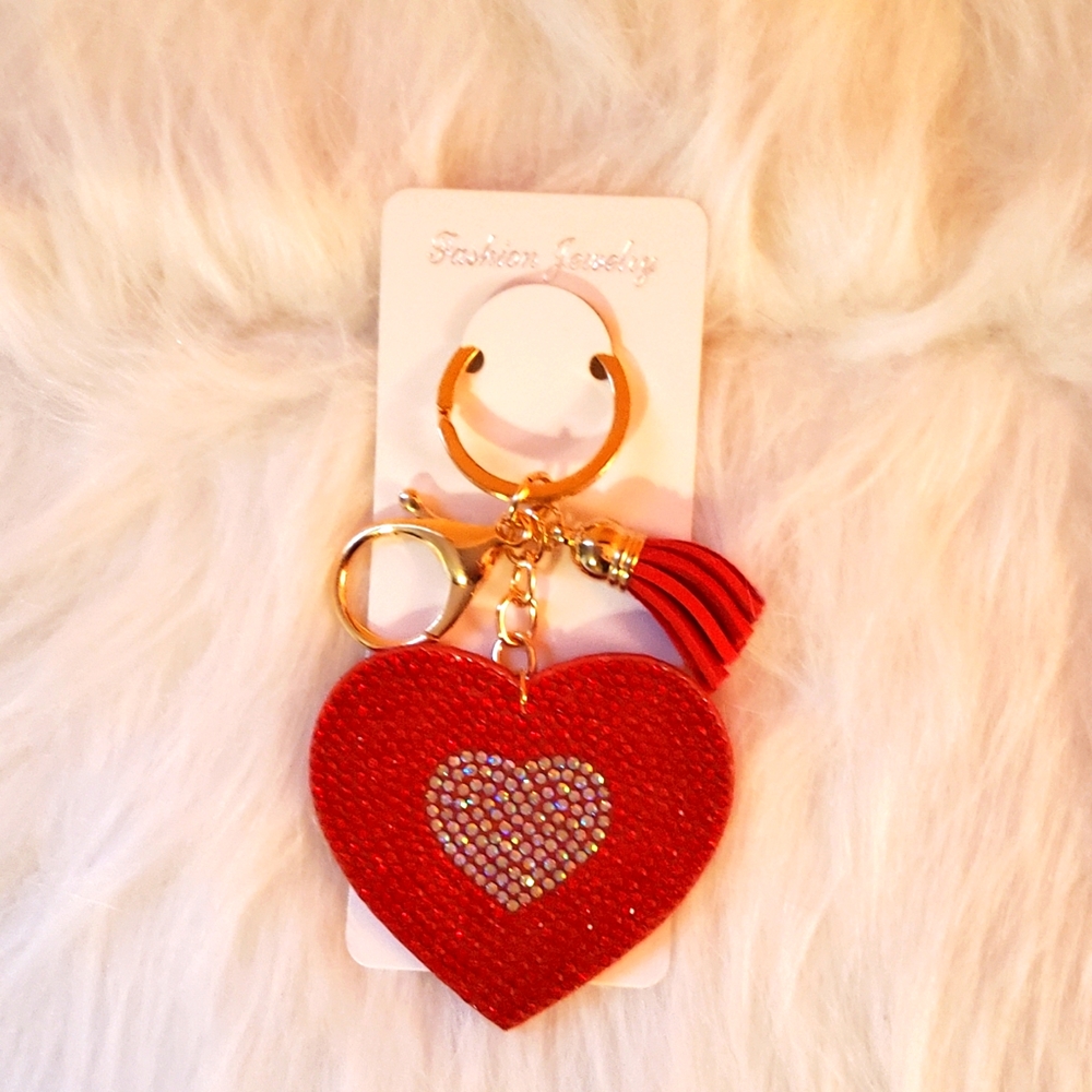 Big Red Heart Rhinestones and a Tassel Key Chain